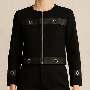 Misook Collection Jacket Black Wool Blend Vegan Leather Trim Small